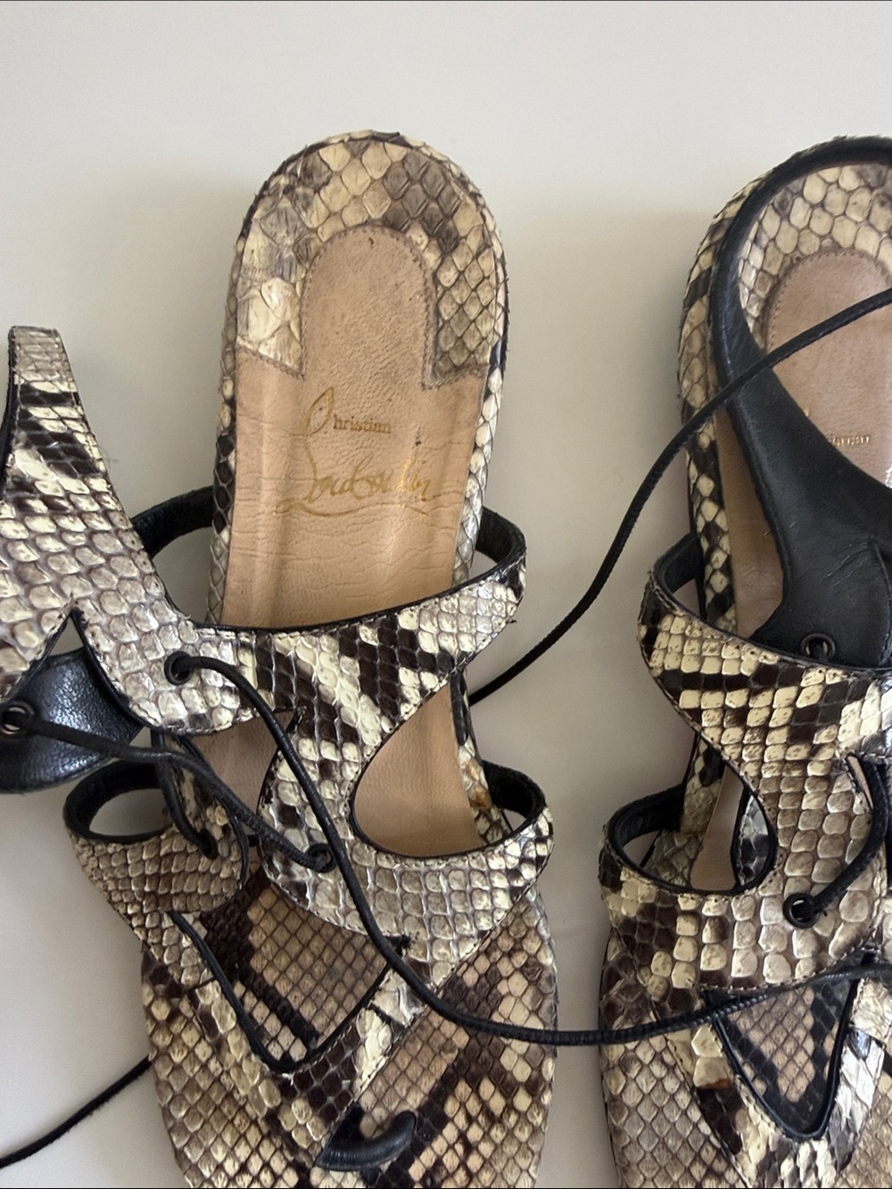 Christian Louboutin Python-Pattern Lace-Up Heels in Beige and Brown